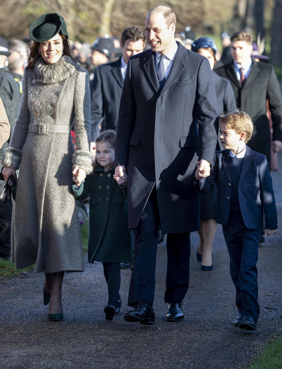 KING'S LYNN, ENGLAND - DECEMBER 25: Prince William, Duke of Cambridge and Catherine, Duchess of Cambridge with Prince George of Cambridge and Princess Charlotte of Cambridge attend the Christmas Day Church service at Church of St Mary Magdalene on the Sandringham estate on December 25, 2019 in King's Lynn, United Kingdom. (Photo by UK Press Pool/UK Press via Getty Images)