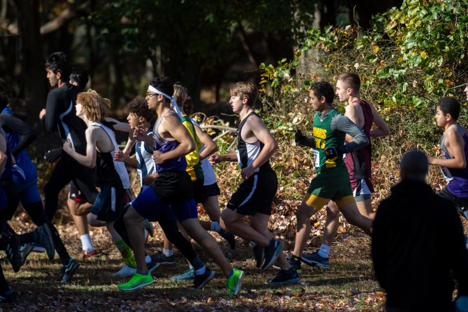 NJSIAA North 1 cross country sectional championships at Garret Mountain Reservation in Woodland Park on Saturday, November 6, 2021. Shortly after the start of the Group 3 Boys race. 