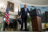 <p>President Donald Trump steps away from the podium in the Diplomatic Room of the White House in Washington, Wednesday, June 14, 2017, after talking about the shooting in Alexandria, Va. where House Majority Whip Steve Scalise of La., and others, where shot during a Congressional baseball practice. (Photo: Andrew Harnik/AP) </p>