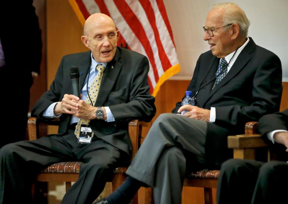 Astronauts Thomas Stafford, left, and James Lovell speak during a 2015 news conference at the Oklahoma History Center on the 50th anniversary of the Gemini 6/Gemini 7 rendezvous.