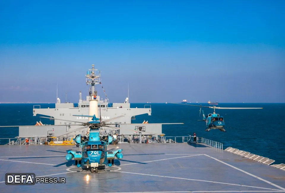 An Islamic Republic of Iran Navy RH-53D Sea Stallion on the flight deck of the <em>Makran</em>. <em>Iranian state media</em><br>