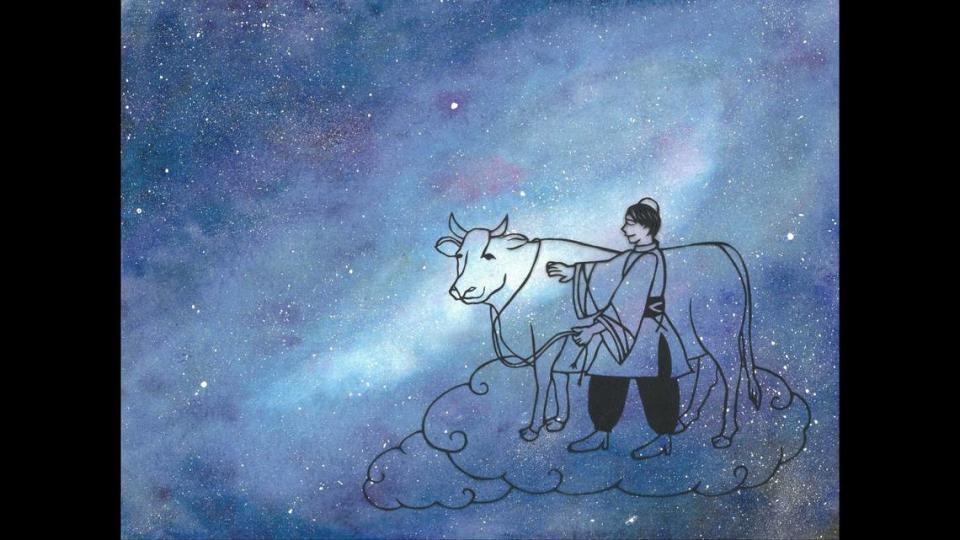 Through a combination of black paper cut outs layered on a watercolor background, set designer Emi Mizuno is creating nine projections for Sensory Friendly Dance’s performance of "Tanabata: The Story of Orihime & Hikoboshi." This is one of the first scenes, which depicts Hikoboshi with a cow near the starry river.