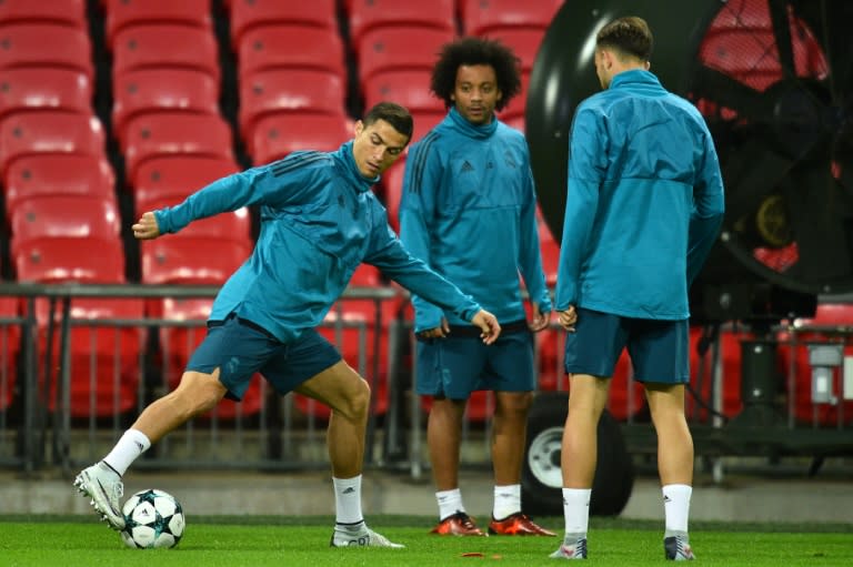 Real Madrid's Cristiano Ronaldo (L) and Marcelo (C), seen during a training session at Wembley Stadium in London, on October 31, 2017