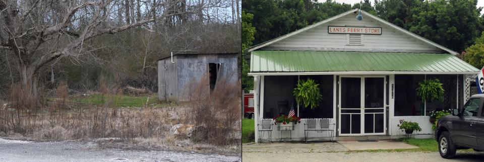 Lanes Ferry Dock & Grill along hwy. 210 in Rocky Point in 2022, left, and the same spot in 2012. The historic general store was severely damaged by flooding from Hurricane Florence and has been moved. [MATT BORN/STARNEWS]