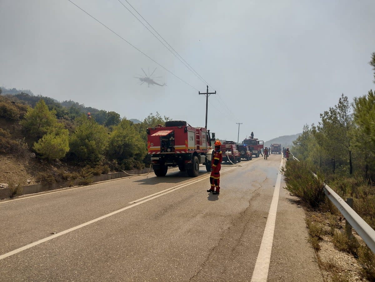 Firefighters try to extinguish a wildfire burning near Laerma, Rhodes Island (Reuters)