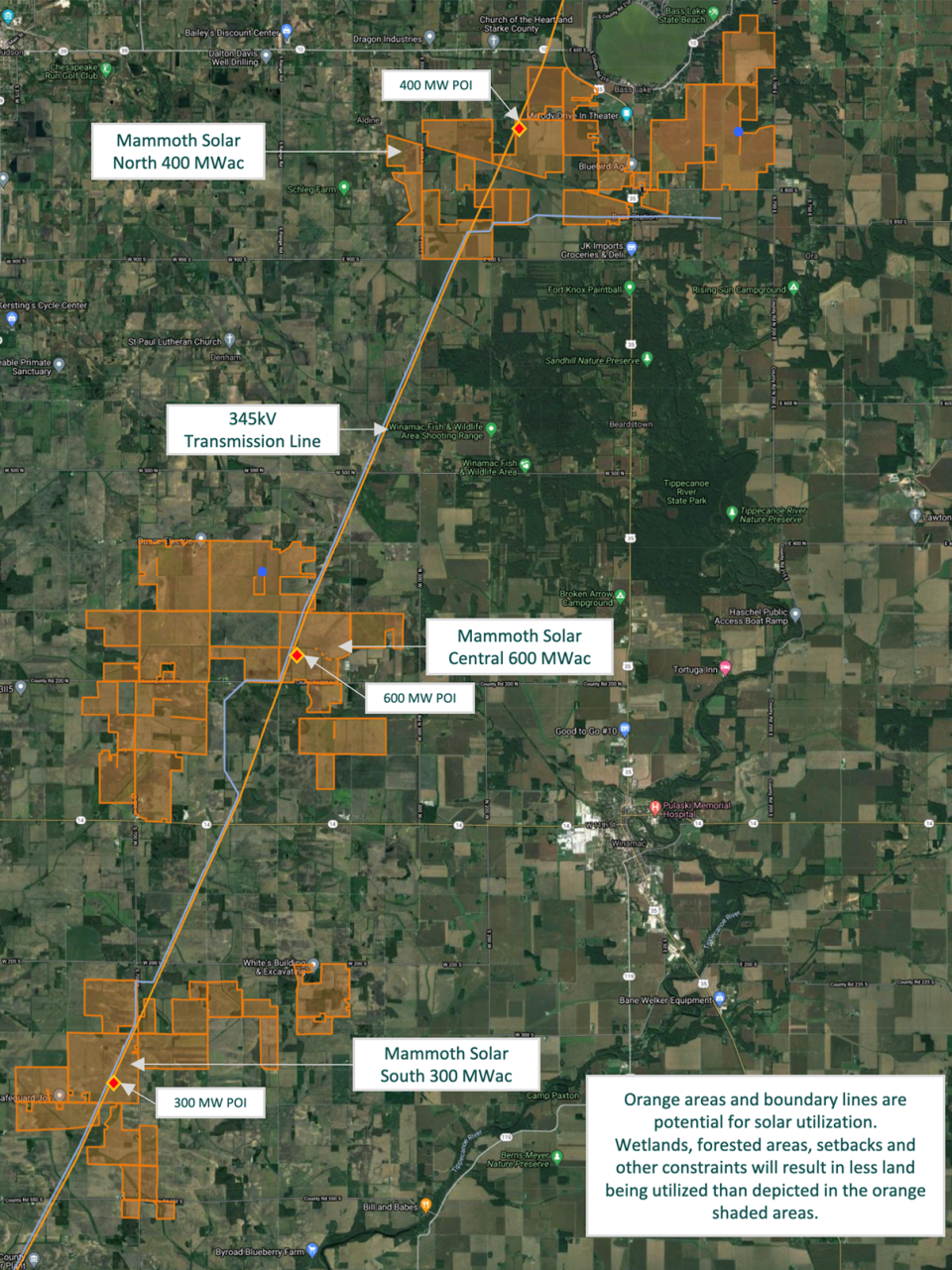 The map shows the three different phases of the Mammoth Solar project in Starke and Pulaski Counties, as well as the transmission lines that run through the project sites. The orange areas represent the roughly 13,000 acres that will be part of the project, but only about 2,500 acres will have panels on them after accounting for forests, wetlands, setbacks, etc.