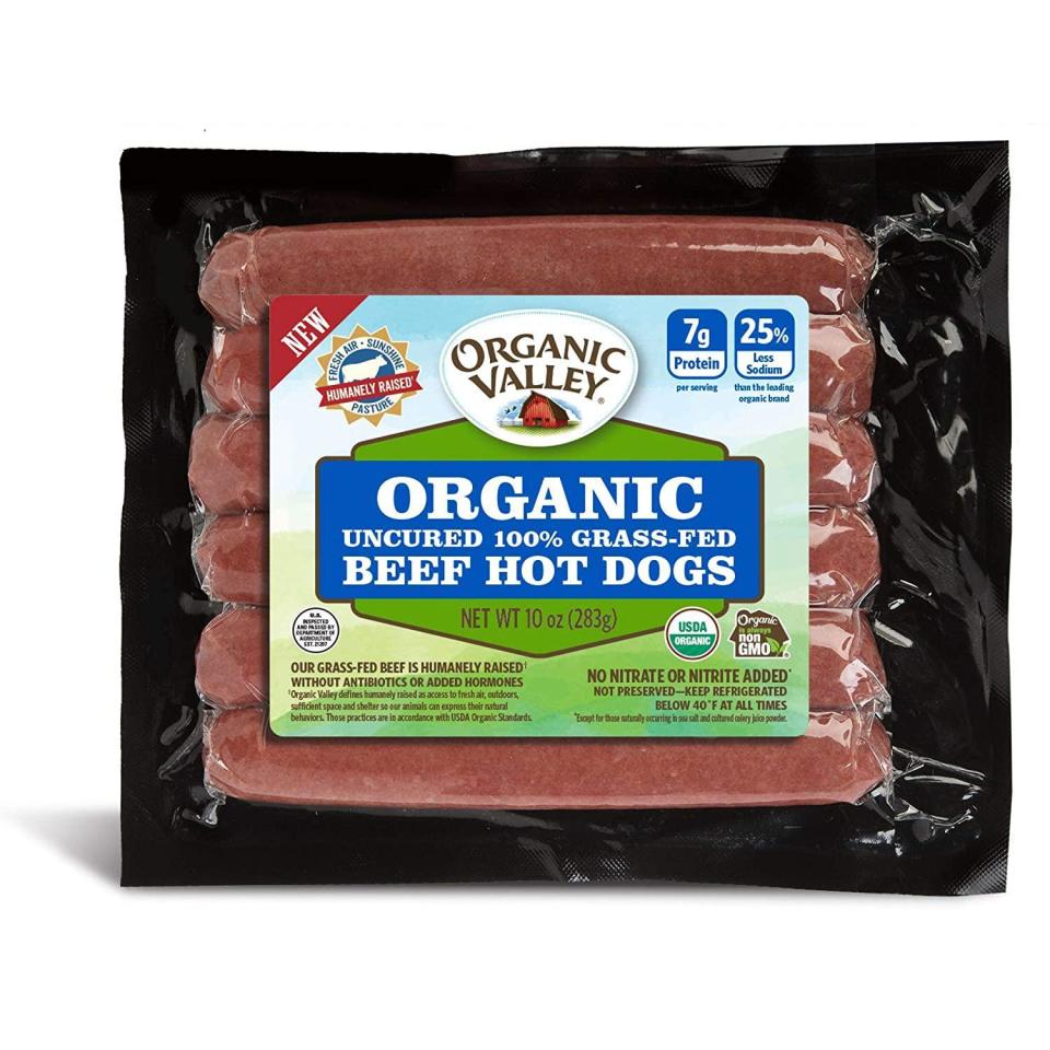 All beef: Healthiest: Organic Valley Organic Uncured Grass-Fed Beef Hot Dogs