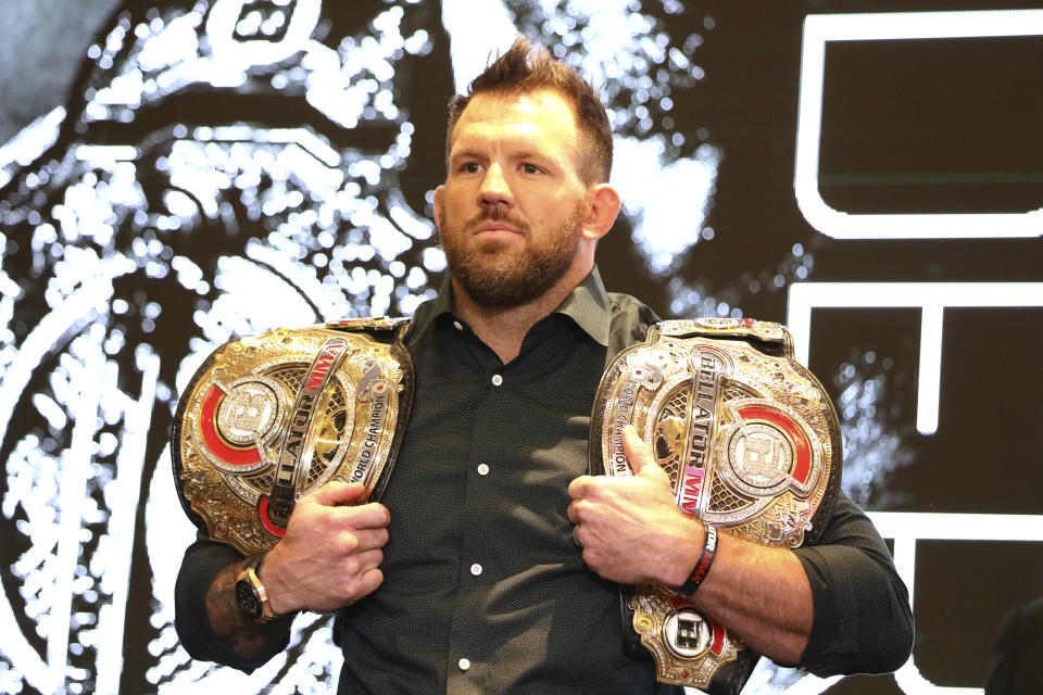 Ryan Bader is seen at a news conference promoting the Bellator Spring & Summer fight cards on Monday, March 9, 2020, in New York City. (AP Photo/Gregory Payan)