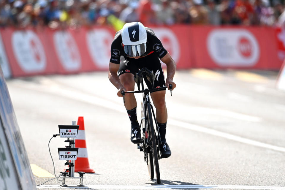 ABTWILL SWITZERLAND  JUNE 18 Remco Evenepoel of Belgium and Team Soudal QuickStep crosses the finish line during the 86th Tour de Suisse 2023 Stage 8 a 257km individual time trial from St Gallen to Abtwil  UCIWT  on June 18 2023 in Abtwil Switzerland Photo by Tim de WaeleGetty Images