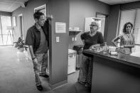 <p>Jack Barrett speaks with counsellors. Barrett credits Groups with saving his life. To pass the gift on, he distributes pamphlets for Groups around his neighborhood, and tries to recruit friends to join him in treatment. (Photograph by Mary F. Calvert for Yahoo News) </p>