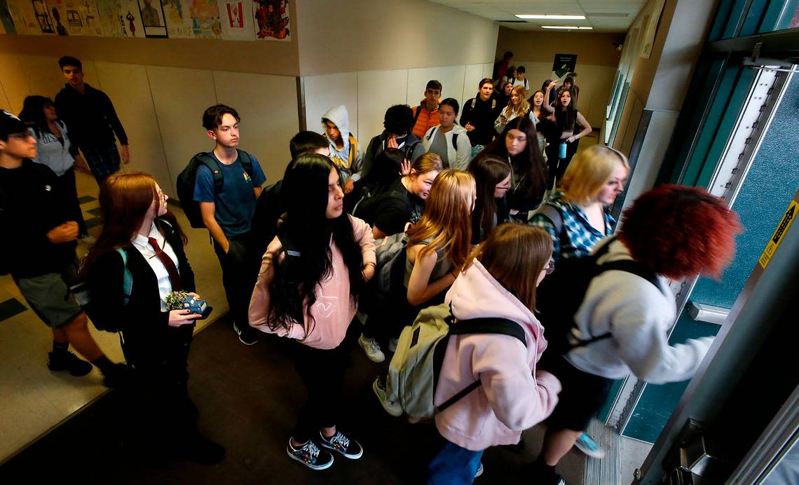 Converging hallways at Richland High School create congestion for students as they head home from classes last week. The Richland School District plans to ask voters in February 2023 to pay for a third high school to be built in West Richland.