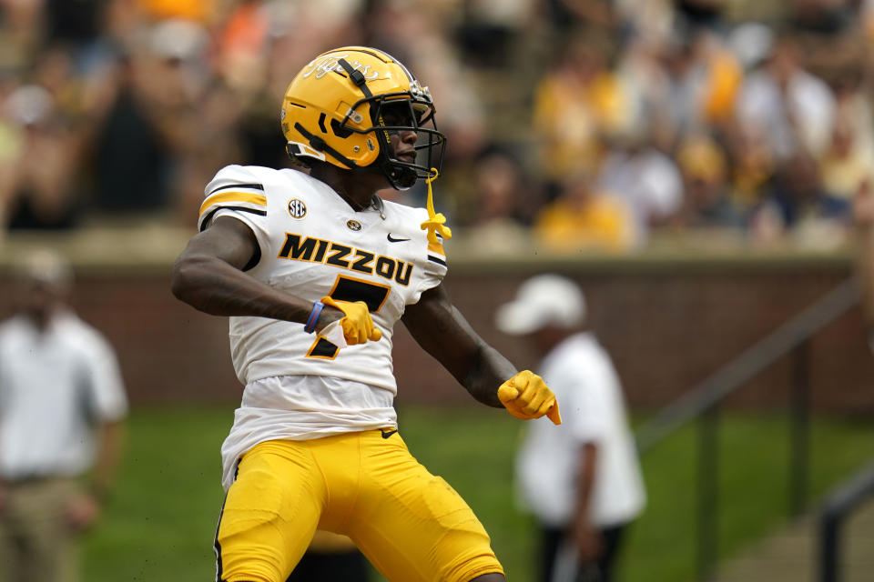 Missouri wide receiver Dominic Lovett celebrates after scoring on a 13-yard touchdown reception during the second half of an NCAA college football game against Abilene Christian Saturday, Sept. 17, 2022, in Columbia, Mo. (AP Photo/Jeff Roberson)