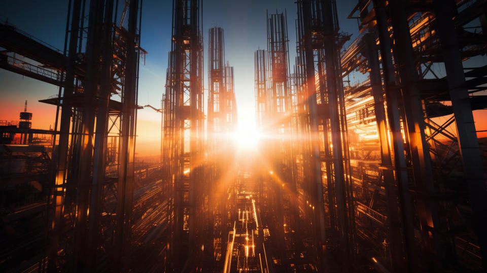 Aerial view of highly-engineered steel towers, with their intricate frameworks shining in the sun.