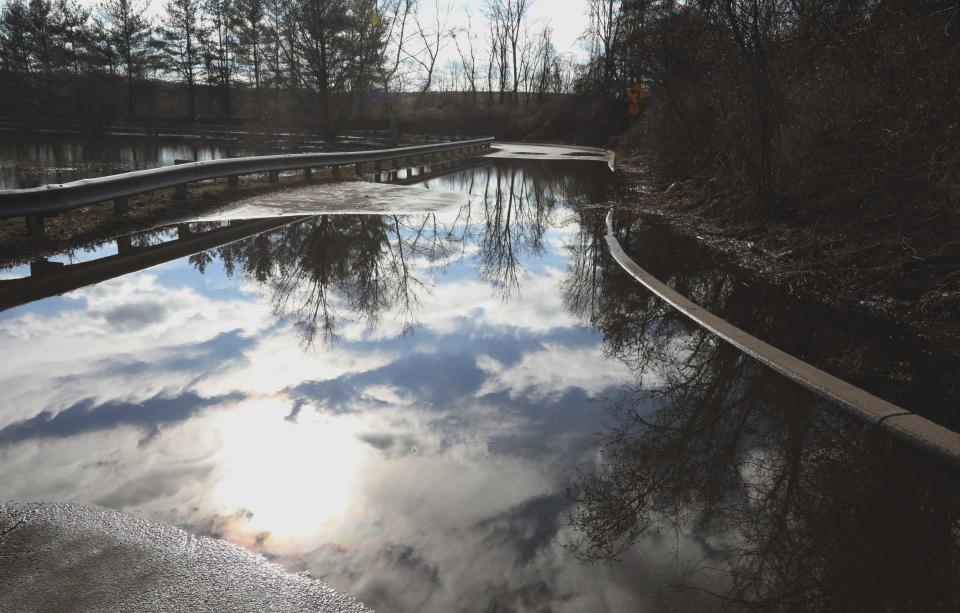 The access road to the flyover for the Palisades Center in West Nyack remains flooded Jan. 11, 2024 after a rain storm Jan. 10.