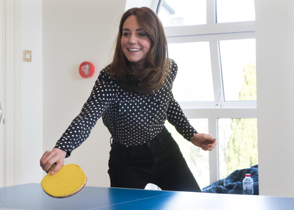 DUBLIN, IRELAND - MARCH 04: Catherine, Duchess of Cambridge plays table tennis as she visits Savannah House, a residential facility run by charity Extern, in County Meath, north of Dublin on March 4, 2020  (Photo by Pool/Samir Hussein/WireImage)