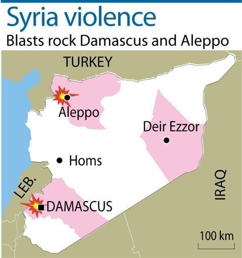 Syria's authorities and the opposition traded accusations Sunday over who was behind blasts that rocked Damascus and Aleppo, on the eve of parliamentary polls designed to boost the regime's legitimacy