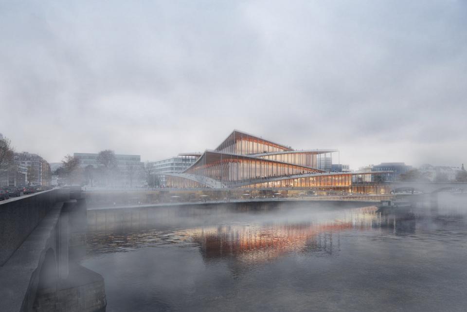 Rendering for BIG's winning Vltava Philharmonic Hall design in Prague.