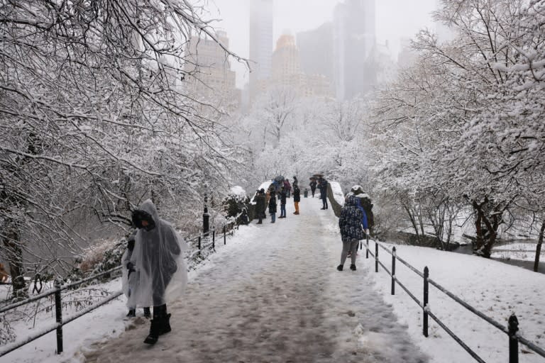 Central Park à Manhattan couvert d'un manteau blanc le 13 février 2024 après qu'une tempête de neige a frappé New York et le nord-est des Etats-Unis affectant 32 millions d'habitants et perturbant les transports. (Yuki IWAMURA)