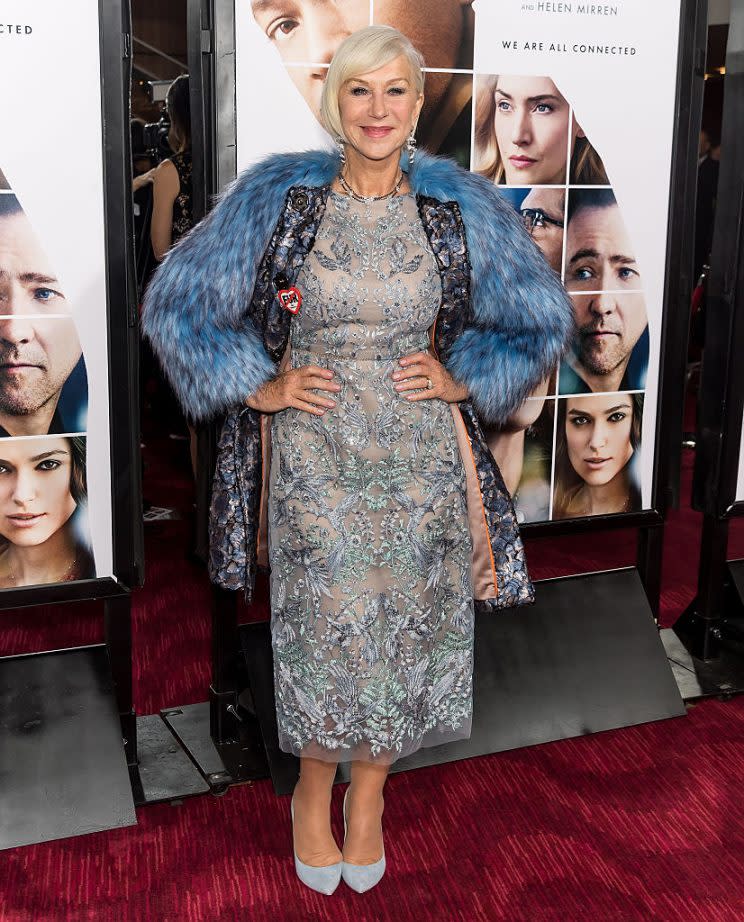 Helen Mirren at the Collateral Beauty premiere in New York wearing Marchesa. (Photo: Gilbert Carrasquillo/FilmMagic )