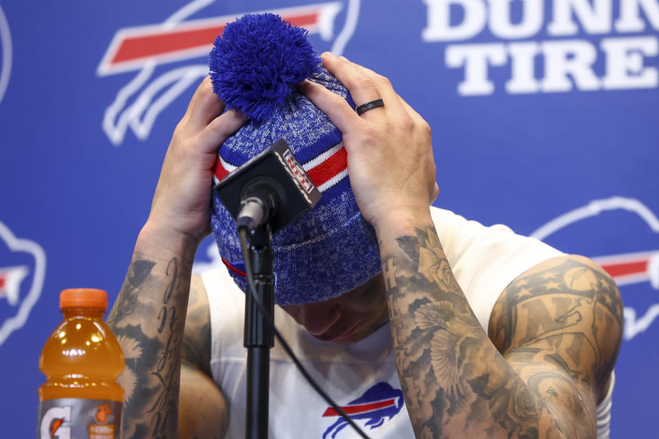 Buffalo Bills safety Jordan Poyer answers questions during a news conference after losing to the Kansas City Chiefs in an NFL AFC division playoff football game, Sunday, Jan. 21, 2024, in Orchard Park, N.Y. (AP Photo/Jeffrey T. Barnes)