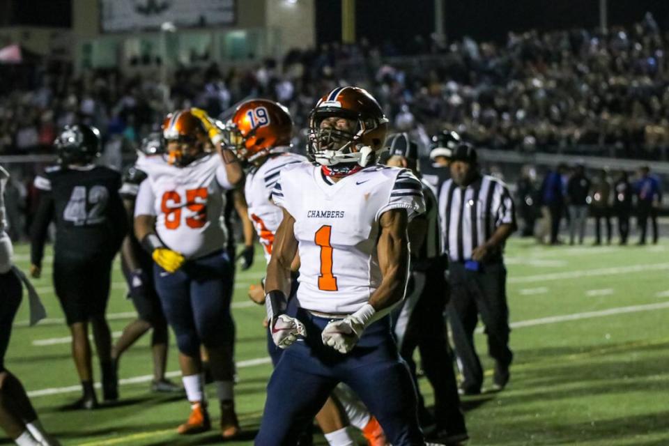 Chambers receiver Kevin Concepcion celebrates his team’s 35-21 come-from-behind win over Hough in the NC 4A semifinals