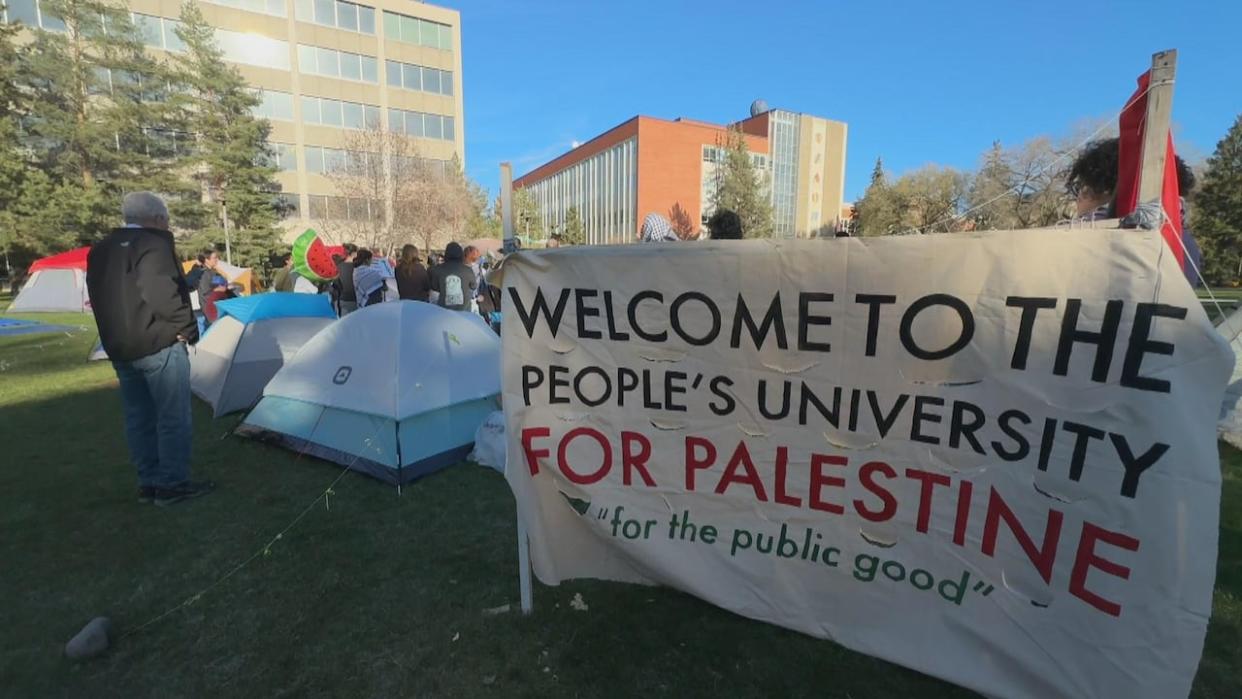 More than 100 students, staff and supporters gathered at the University of Alberta on Thursday to start a pro-Palestinian encampment in support of Gaza. (Mrinali Anchan/CBC - image credit)