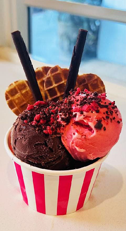 The Valentine's Day special at Piccolo Gelato for two to share is five scoops decked out with dark-chocolate sticks, waffle hearts and red-and-pink chocolate-cookie crumble.