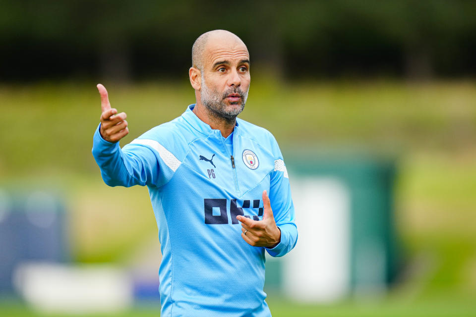 MANCHESTER, ENGLAND - AUGUST 02: EPL team Manchester City's Pep Guardiola in action during training at Manchester City Football Academy on August 2, 2022 in Manchester, England. (Photo by Tom Flathers/Manchester City FC via Getty Images)