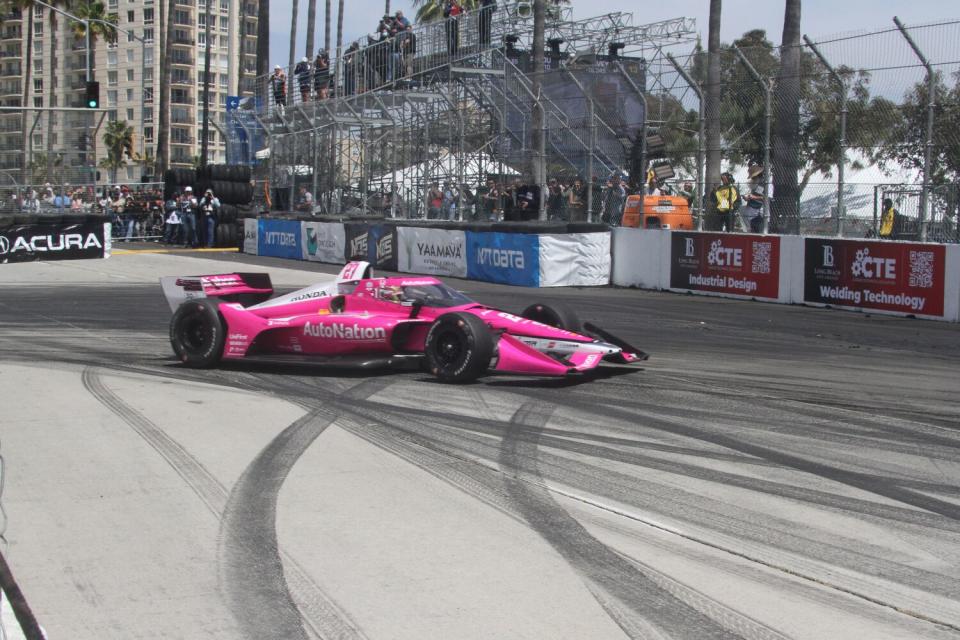 Kyle Kirkwood rounds turn 11 at the Long Beach Grand Prix on Sunday.