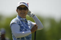Nasa Hataoka, of Japan, smiles before teeing off the third hole during the final round of the LPGA Cognizant Founders Cup golf tournament, Sunday, May 14, 2023, in Clifton, N.J. (AP Photo/Seth Wenig)