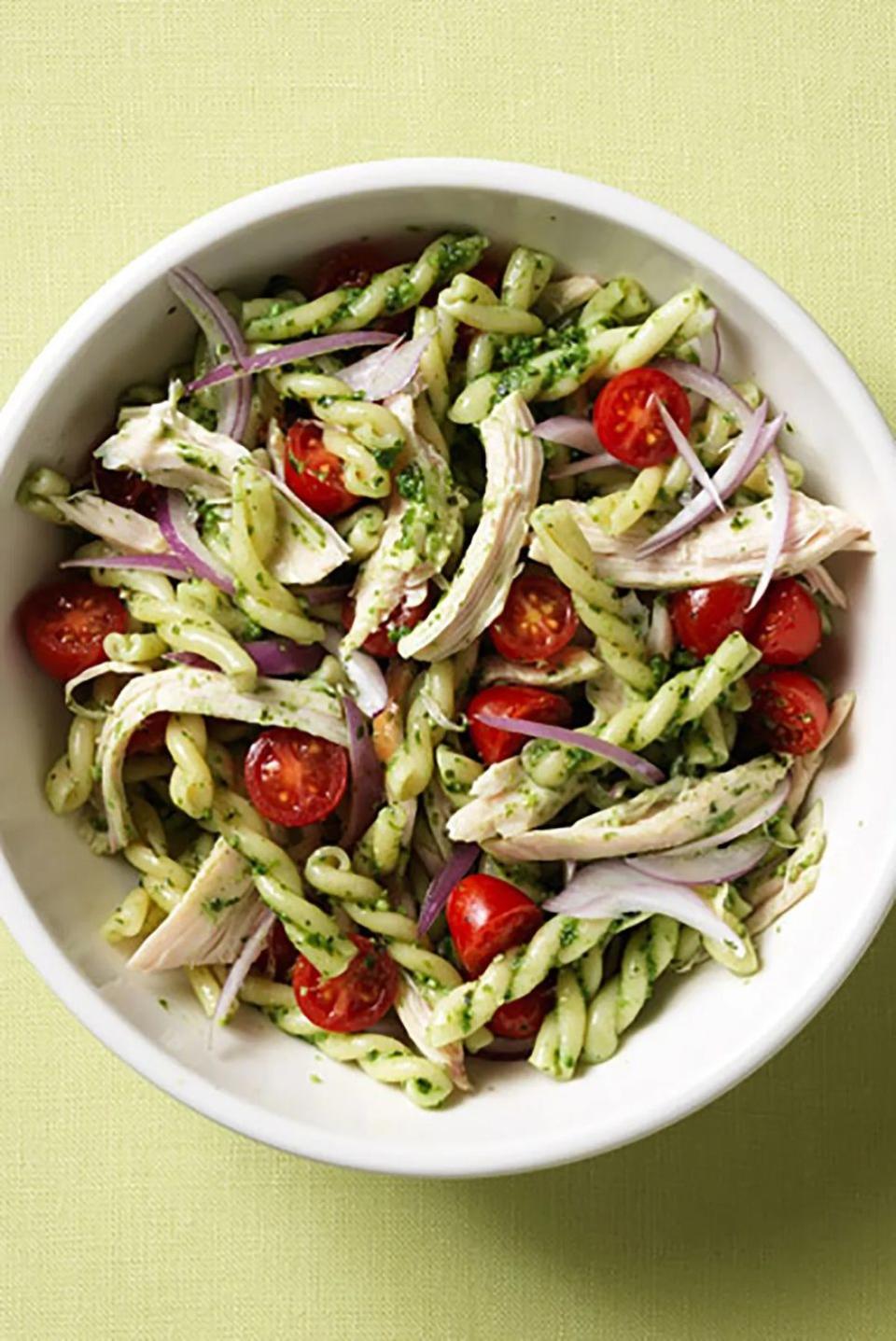 pasta with chicken, vegetables spinach pesto