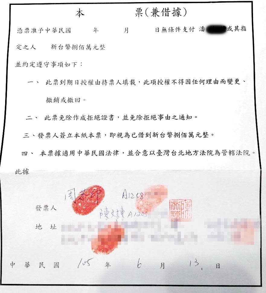 陳文棟與周恭印曾合簽本票向潘小姐借800萬元，周事後付了1成利息。