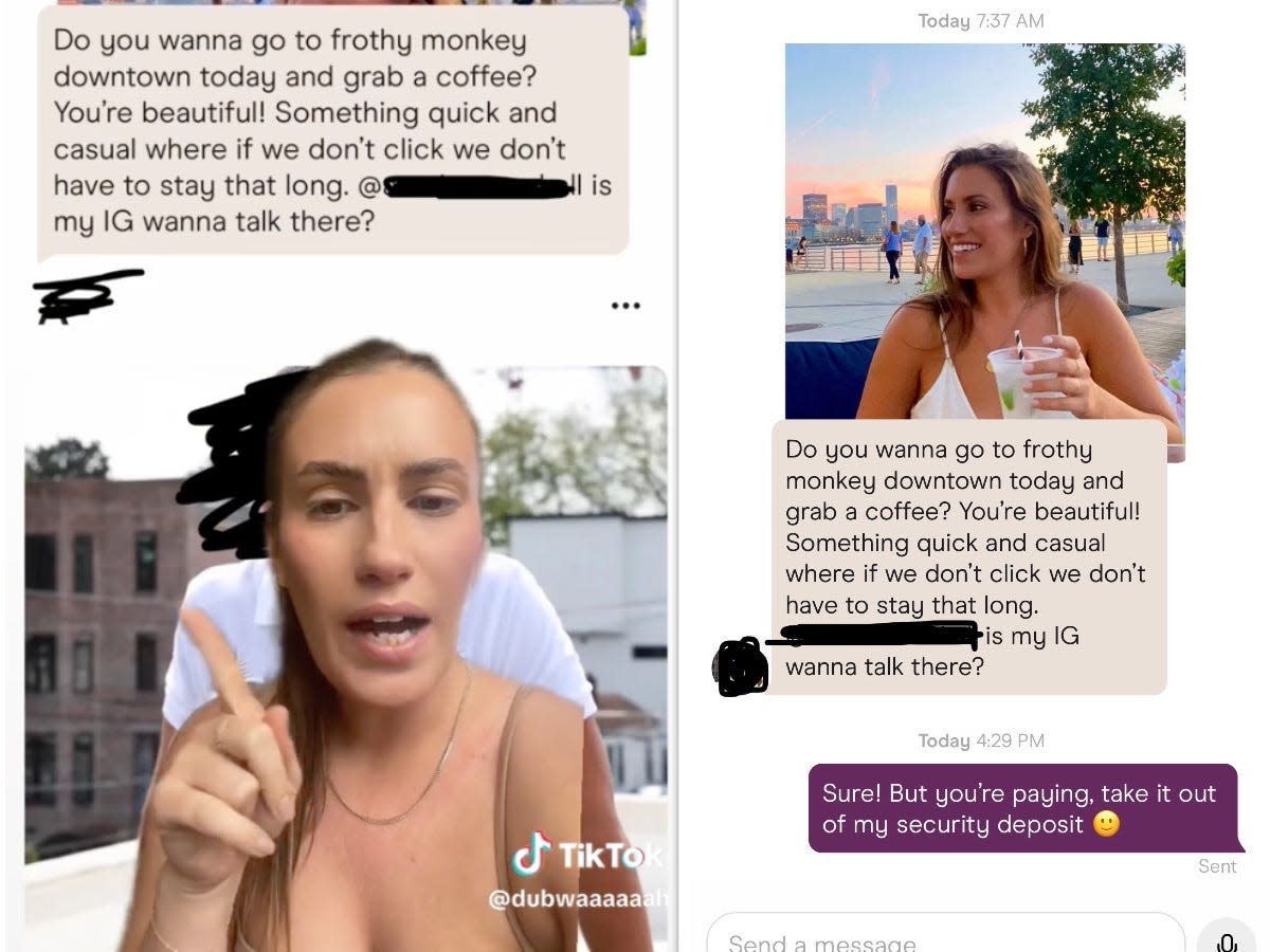 a collage of photos, on the left a screenshot of a message from a Hinge match and a TikToker speaking in front of it on a greenscreen. on the right, her response asking the Hinge match to use the money from her security deposit for the date.