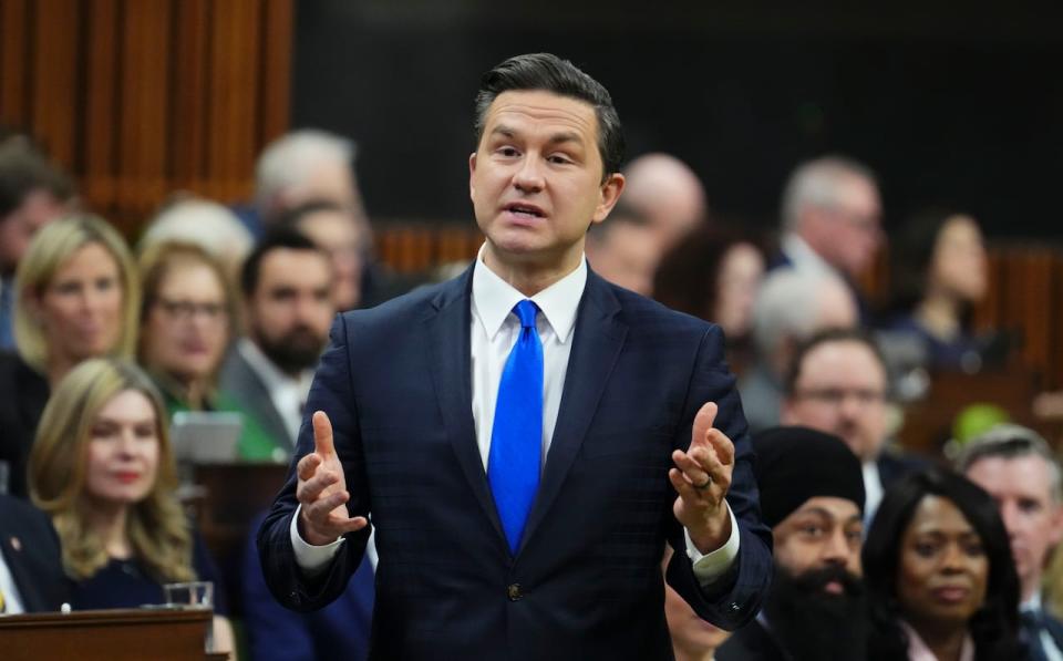 Conservative Leader Pierre Poilievre rises during question period in the House of Commons on Parliament Hill in Ottawa on Tuesday, Feb. 27, 2024.