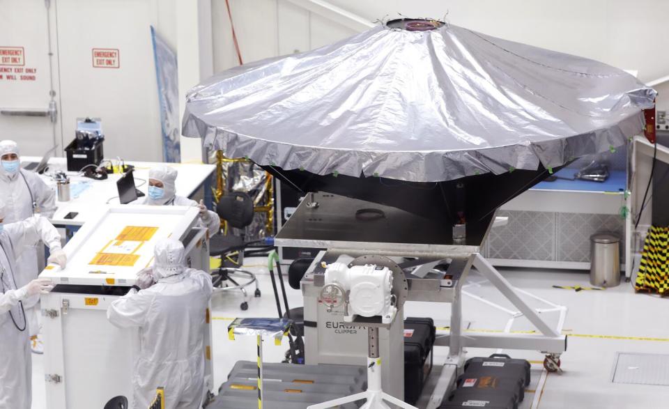 NASA's Europa Clipper being assembled at the Jet Propulsion Laboratory.