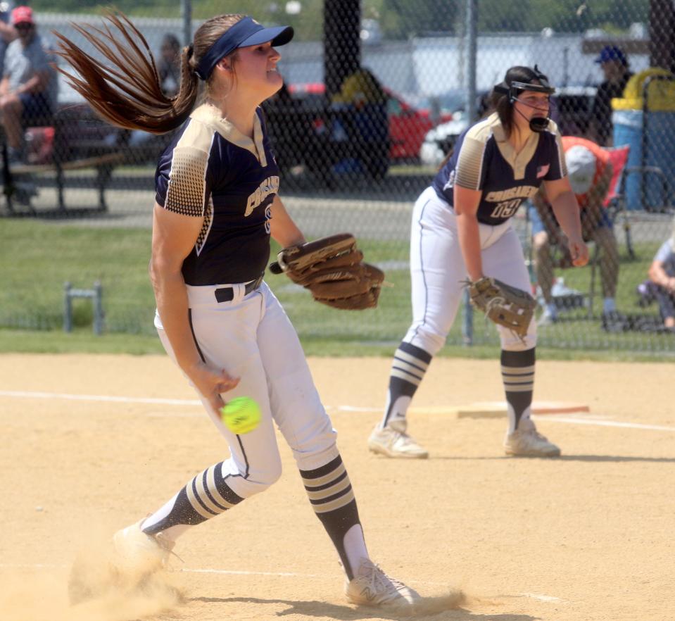 Olivia Switzer pitches for Elmira Notre Dame in a 2-1 loss to Thomas A. Edison in the Section 4 Class C softball championship game May 27, 2023 at the Holding Point Recreation Complex in Horseheads.