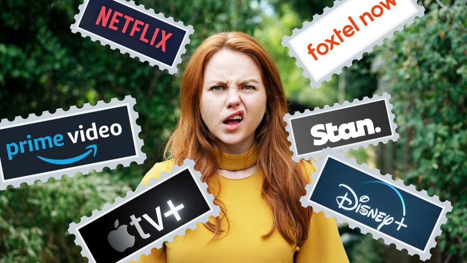 Pictured: Confused young woman surrounded by Netflix, Prime Video, AppleTV+, Disney+, Stan now. Images: Getty, Netflix, Prime Video, AppleTV+, Disney+, Stan