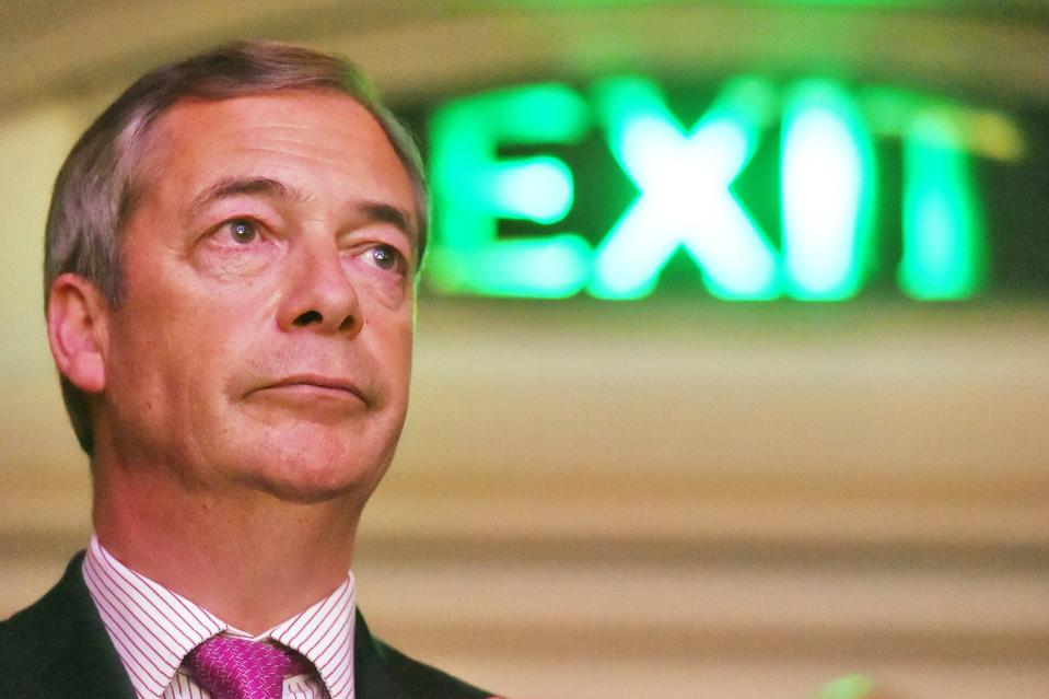 <p>Nigel Farage at a Leave Means Leave rally at Central Hall in London in 2019</p> (PA)