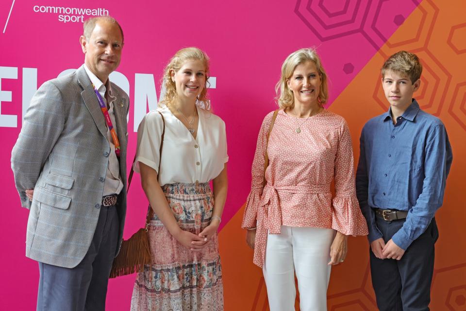 Prince Edward, Earl of Wessex, Lady Louise Windsor, Sophie, Countess of Wessex and James, Viscount Severn pose for photographs at the Sandwell Aquatics Centre during the 2022 Commonwealth Games on August 02, 2022 in Birmingham, England.