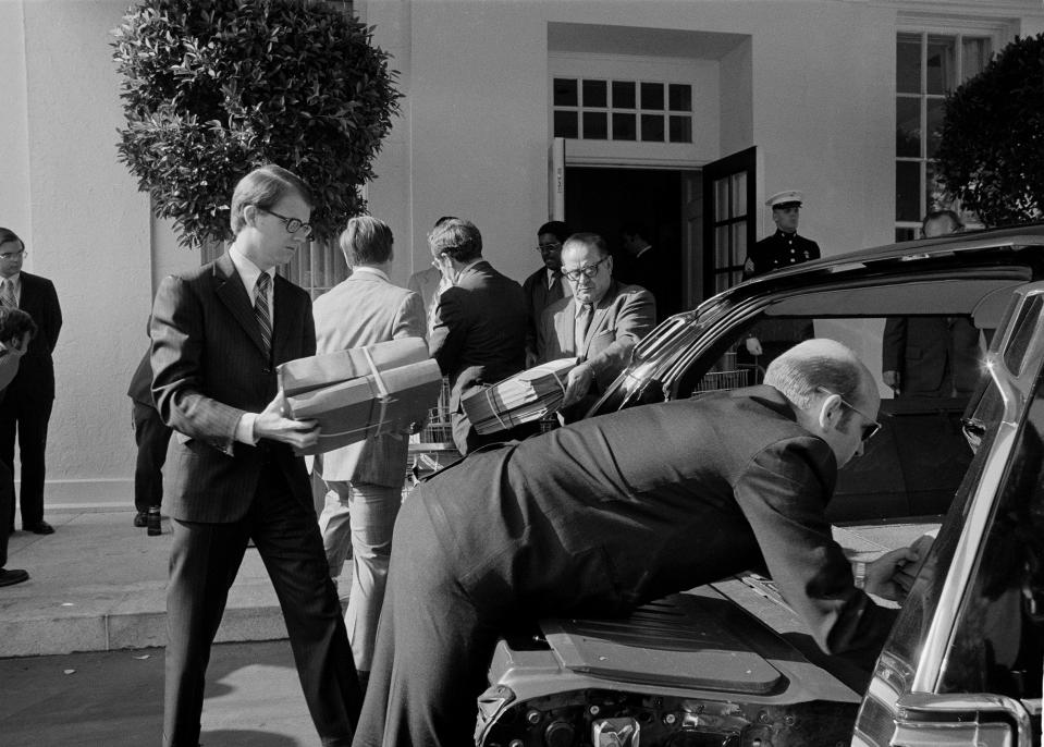 Transcripts of White House tapes and other information is placed into a van outside the Executive Mansion to be carried to the House Judiciary Committee in Washington, April 30, 1974. This is information supplied by the White House to the panel for use in its impeachment probe.