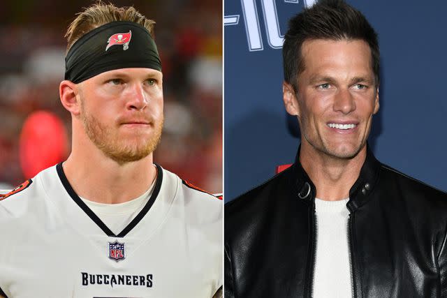 <p>Julio Aguilar/Getty; Jon Kopaloff/Getty</p> Kyle Rudolph and Tom Brady