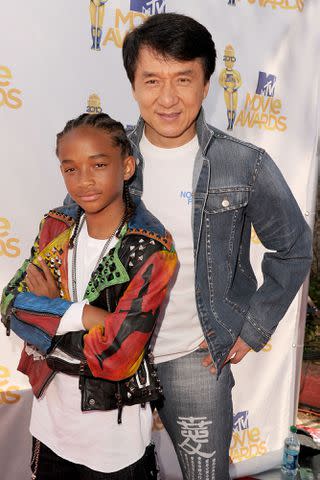 <p>Kevin Winter/Getty</p> Jaden Smith and Jackie Chan arrive at the 2010 MTV Movie Awards