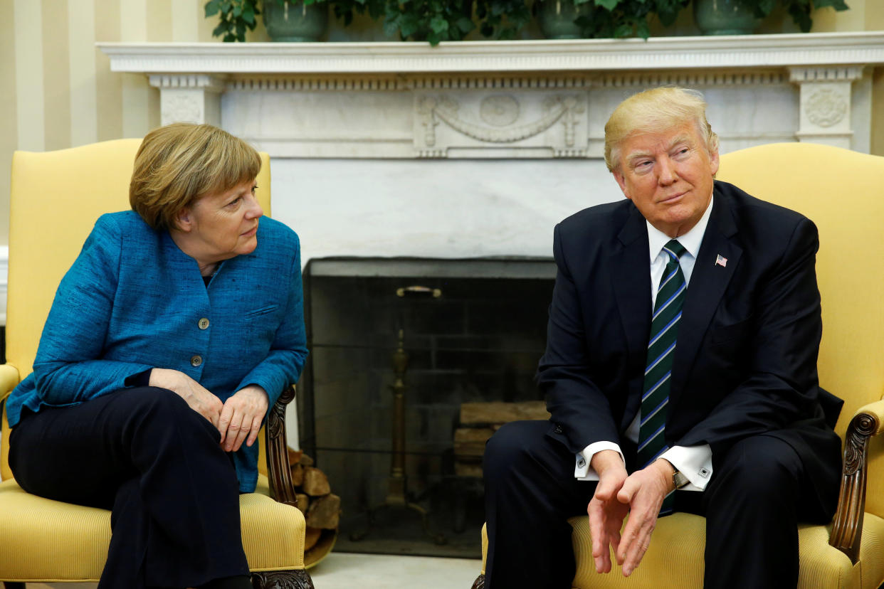 U.S. President Donald Trump meets with German Chancellor Angela Merkel at the White House on&nbsp;March 17. (Photo: Jonathan Ernst/Reuters)