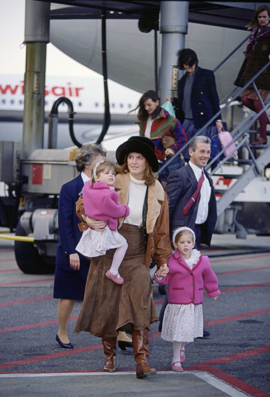 ZURICH, SWITZERLAND - DECEMBER 28: The Duchess Of York Arriving At Zurich Airport With Princess Beatrice And Princess Eugenie For A Skiing Holiday In Klosters (Photo by Tim Graham Photo Library via Getty Images)