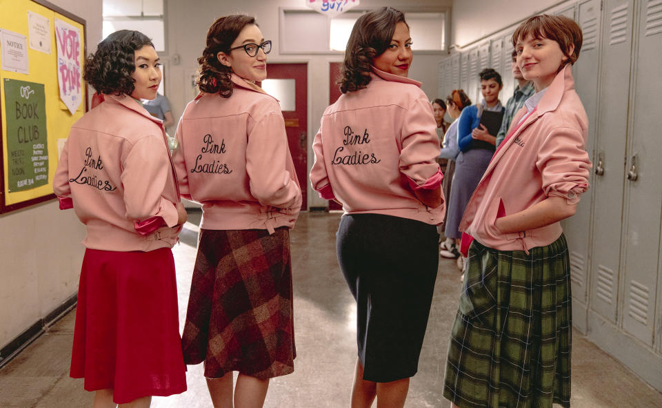 This image released by Paramount+ shows Tricia Fukuhara, from left, Marisa Davila, Cheyenne Wells and Ari Notartomaso from the series "Grease: Rise of the Pink Ladies." (Eduardo Araquel/Paramount+ via AP)