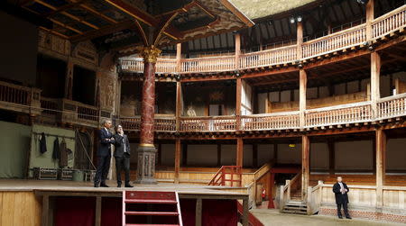 U.S. President Barack Obama is given a tour of the Globe Theatre in London by Patrick Spottiswoode, director of education for the Globe Theatre, to mark the 400th anniversary of William Shakespeare's death April 23, 2016. REUTERS/Kevin Lamarque