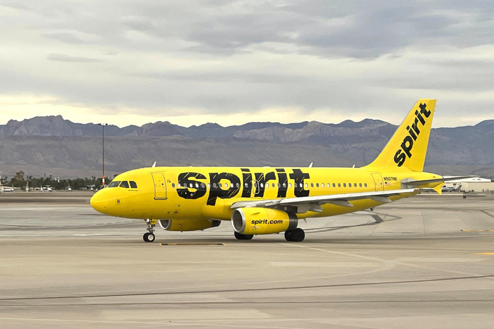 A Spirit Airlines 2005 Airbus A319-132 on the runway at McCarran International Airport in Las Vegas, on Oct. 24, 2021.  (Kirby Lee / AP file )