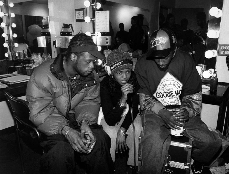 Pras Michel, Lauryn Hill and Wyclef Jean of hip-hop group The Fugees are interviewed backstage at the Park West Theater in Chicago, Illinois in MARCHY 1996.
