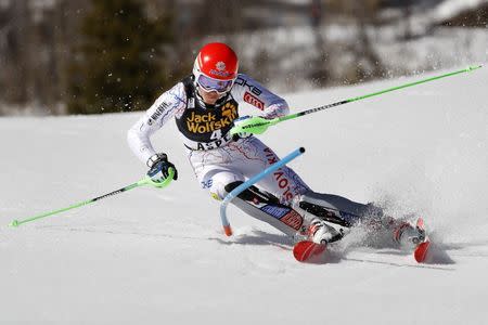 Mar 18, 2017; Aspen, CO, USA; Petra Vlhova of Slovakia during the women's slalom alpine skiing race in the 2017 Audi FIS World Cup Finals at Aspen Mountain. Mandatory Credit: Jeff Swinger-USA TODAY Sports