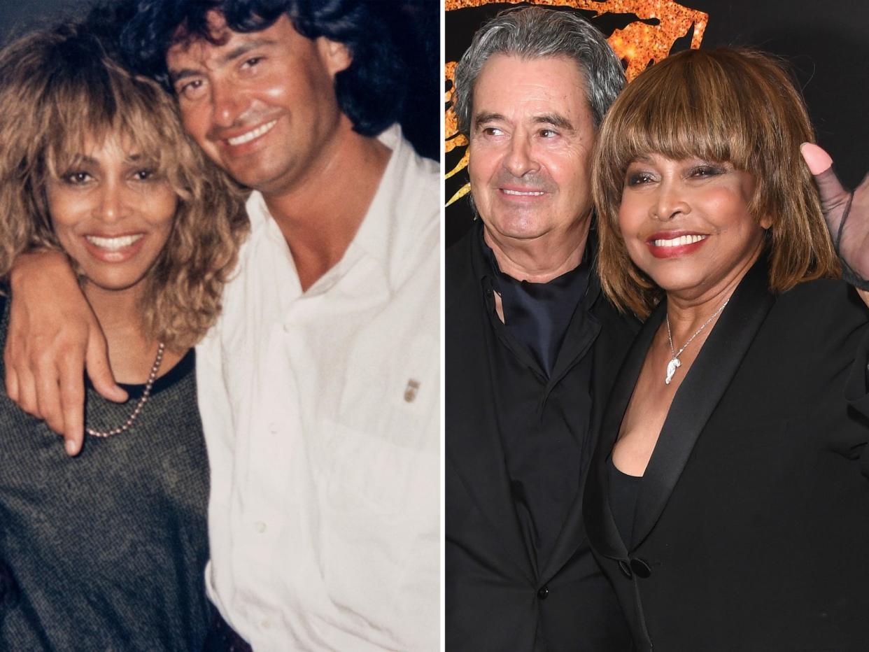 A composite of Tina Turner and Erwin Bach posing together at two points in their 40-year-long relationship..